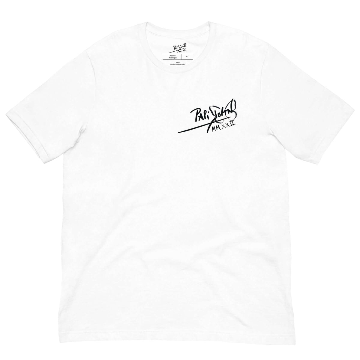 PapiJohn® 🏛️ Sala 9 | Sentencias | Jaque Mate White Canvas — Back view of the White Canvas Tee. Showcasing "The Broken Board" artwork by $arah Free 💎. A hand-painted, irregular black chessboard featuring a negative space "bitten" center that reveals the bold graffiti final call: "JAQUE MATE". An old school soul tribute to street strategy, rule-breaking, and honest luxury.