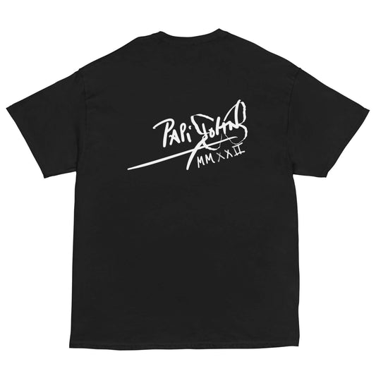 PapiJohn® 🏛️ Sala 9 | Sentencias | Life Before Death Canvas — Back view of the heavyweight Black Canvas Tee. Displaying the classic PapiJohn® icon signature confidently placed on the upper back. A minimalist, dark drape completing this lucid and powerful archive piece, designed for the real ones who live in the here and now.
