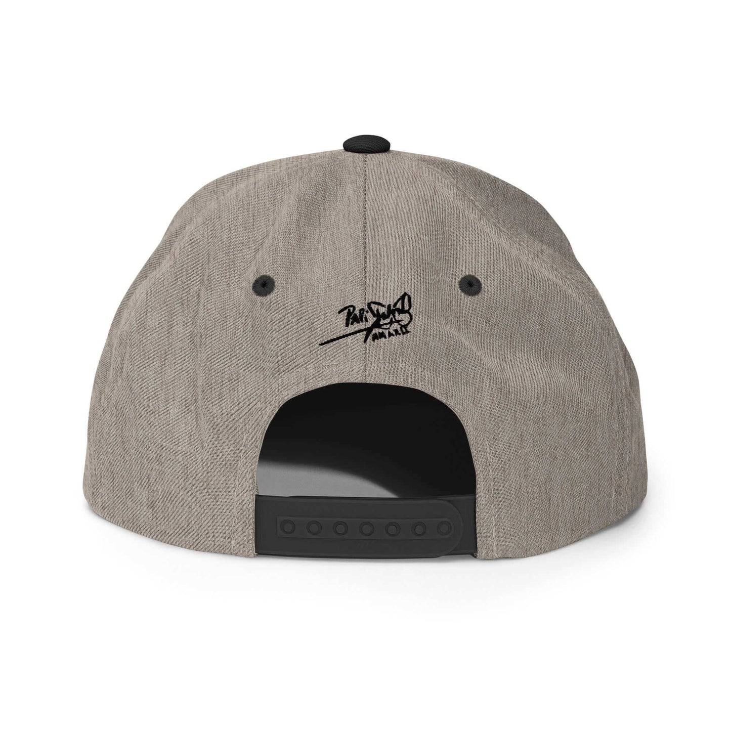 PapiJohn® The Shadow Signature Multicolor Snapback in black heather back layout tracing individual wool-blend weave panel intersections and adjustable buckle | Artist-Led Streetwear