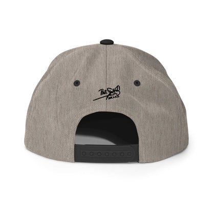 PapiJohn® The Shadow Signature Multicolor Snapback in black heather back layout tracing individual wool-blend weave panel intersections and adjustable buckle | Artist-Led Streetwear