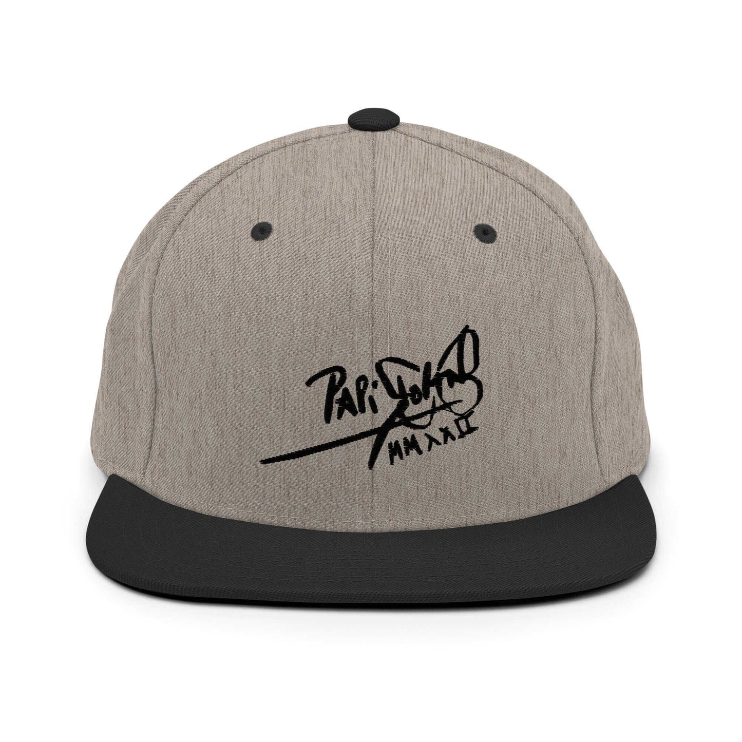 PapiJohn® The Shadow Signature Multicolor Snapback in black heather textured canvas front layout focusing on the subtle dark-on-dark shadow script embroidery | Sala 1 Wearable Art Fashion