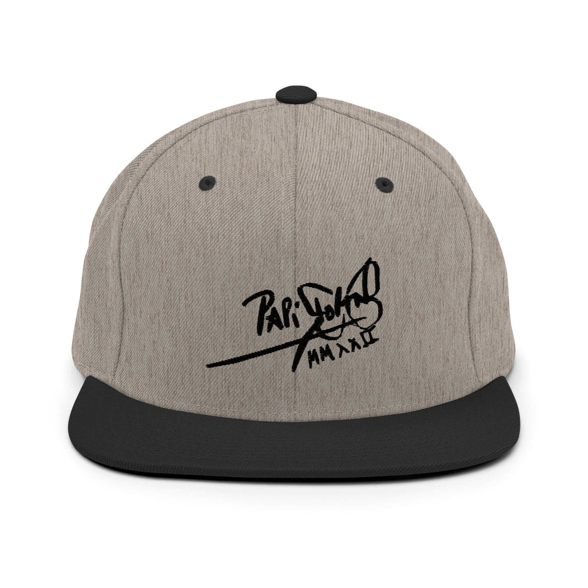 PapiJohn® The Shadow Signature Multicolor Snapback in black heather textured canvas front layout focusing on the subtle dark-on-dark shadow script embroidery | Sala 1 Wearable Art Fashion