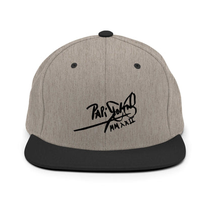 PapiJohn® The Shadow Signature Multicolor Snapback in black heather textured canvas front layout focusing on the subtle dark-on-dark shadow script embroidery | Sala 1 Wearable Art Fashion