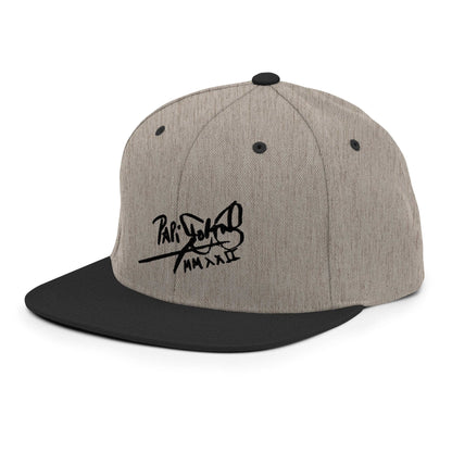 PapiJohn® The Shadow Signature Multicolor Snapback in black heather left profile framing the elevated crown posture and straight visor outline | Streetwear d'Auteur
