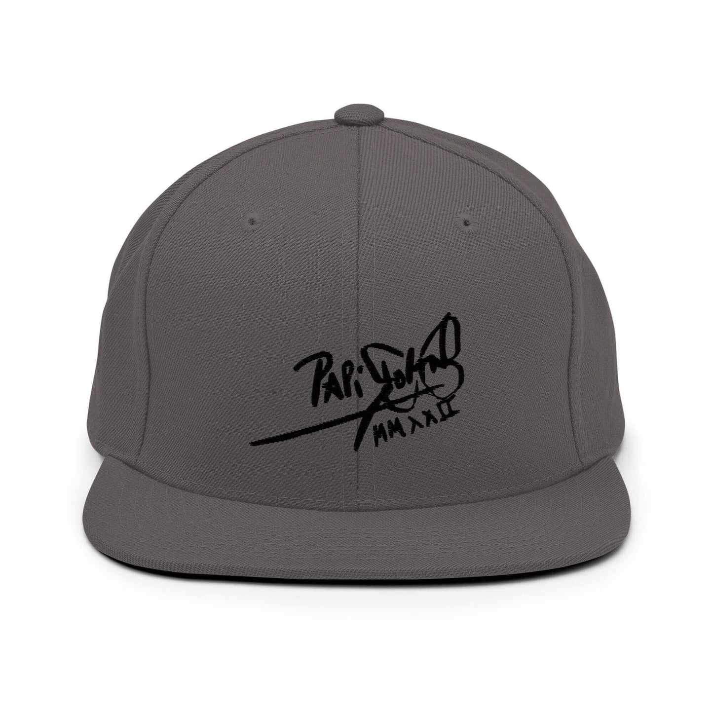 PapiJohn® The Shadow Signature Multicolor Snapback in industrial dark grey front layout tracking the deep shadow effect of the black high-relief embroidered script | Sala 1 Wearable Art Fashion