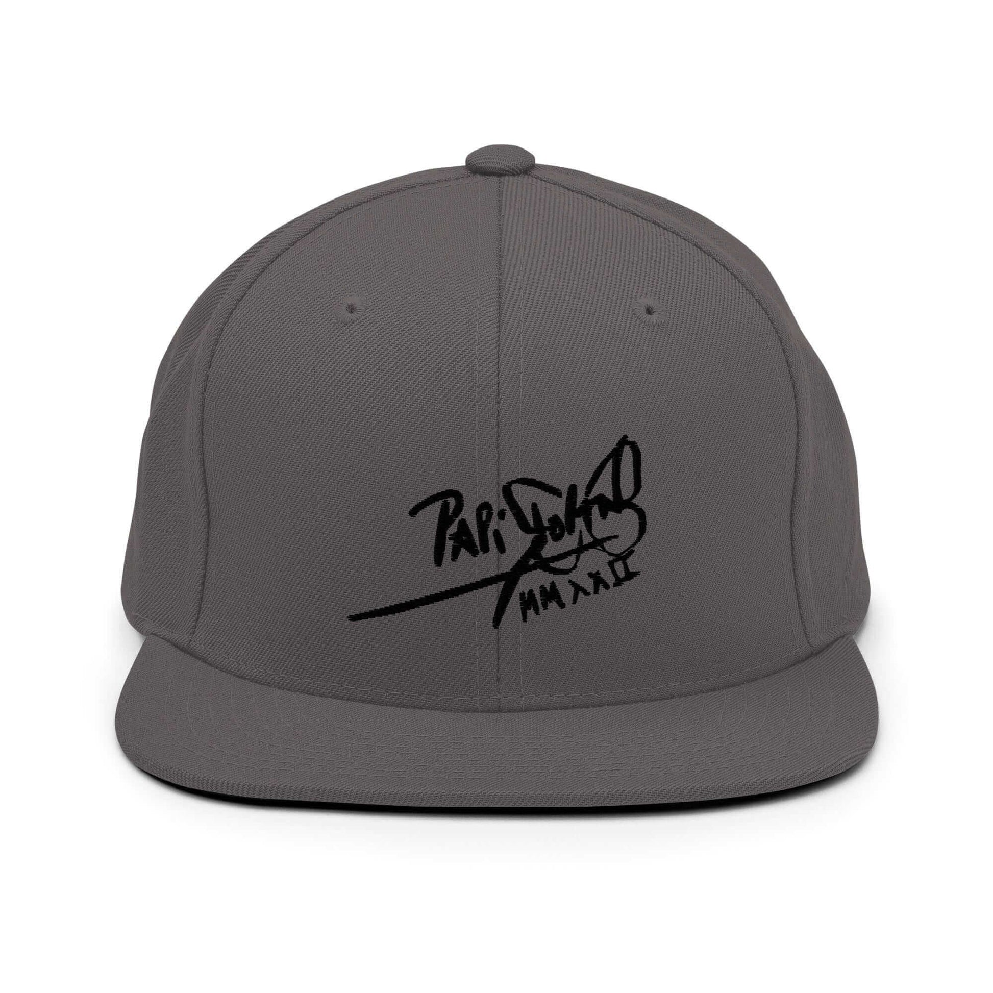 PapiJohn® The Shadow Signature Multicolor Snapback in industrial dark grey front layout tracking the deep shadow effect of the black high-relief embroidered script | Sala 1 Wearable Art Fashion