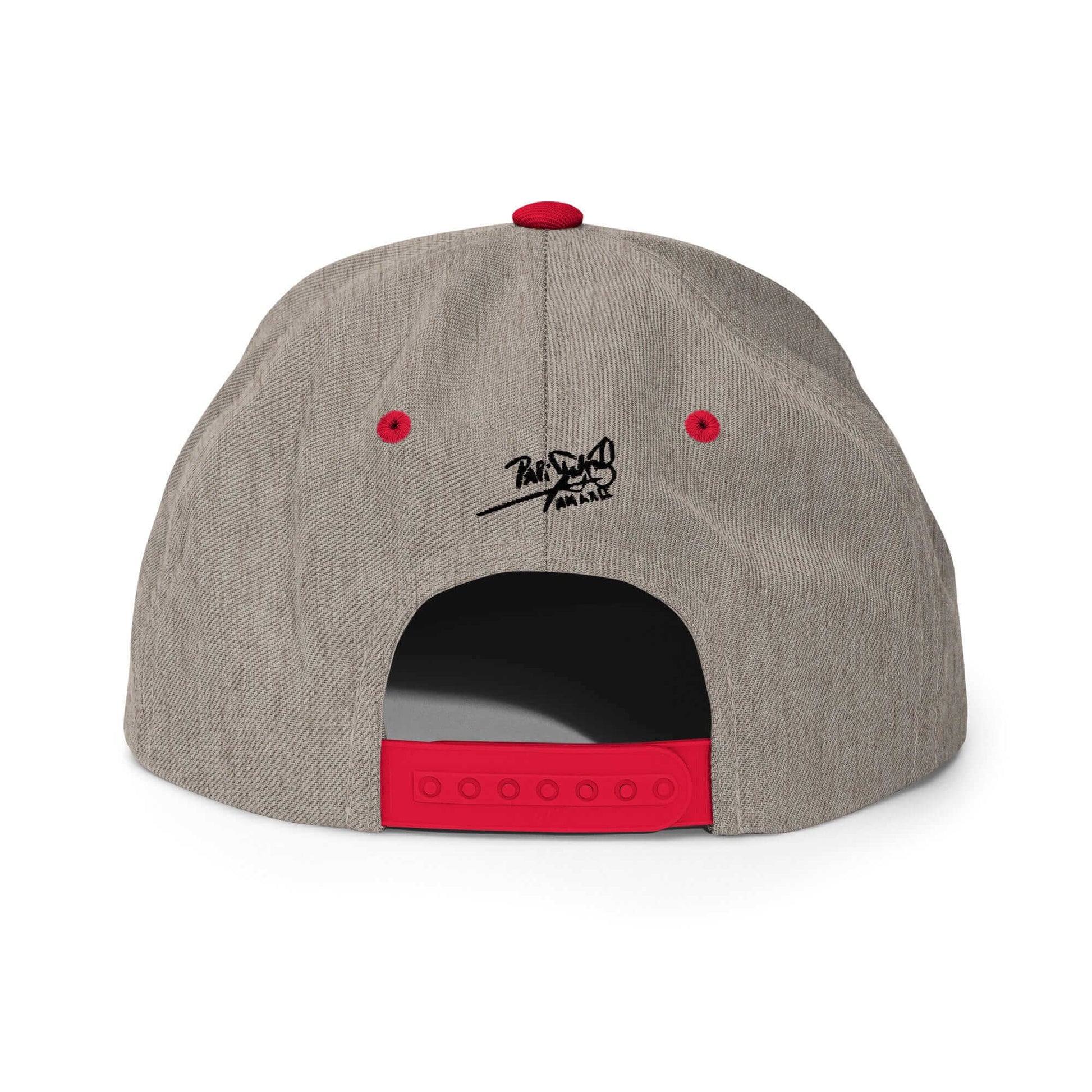 PapiJohn® The Shadow Signature Multicolor Snapback in grey and red back perspective tracking the tailored reinforcement lines and retro red sizing closure | Artist-Led Streetwear