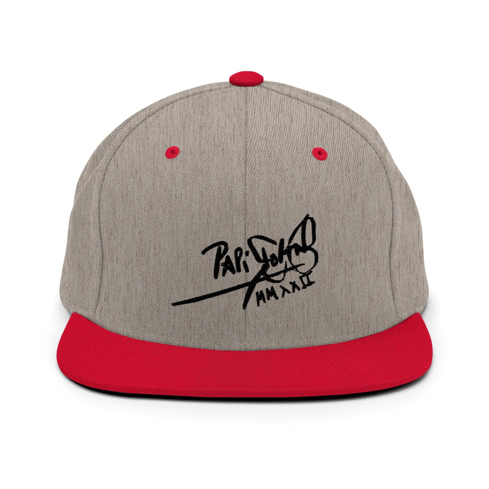 PapiJohn® The Shadow Signature Multicolor Snapback in grey and red split panel front view highlighting the black 3D volumetric stitch manifesto | Sala 1 Wearable Art Fashion