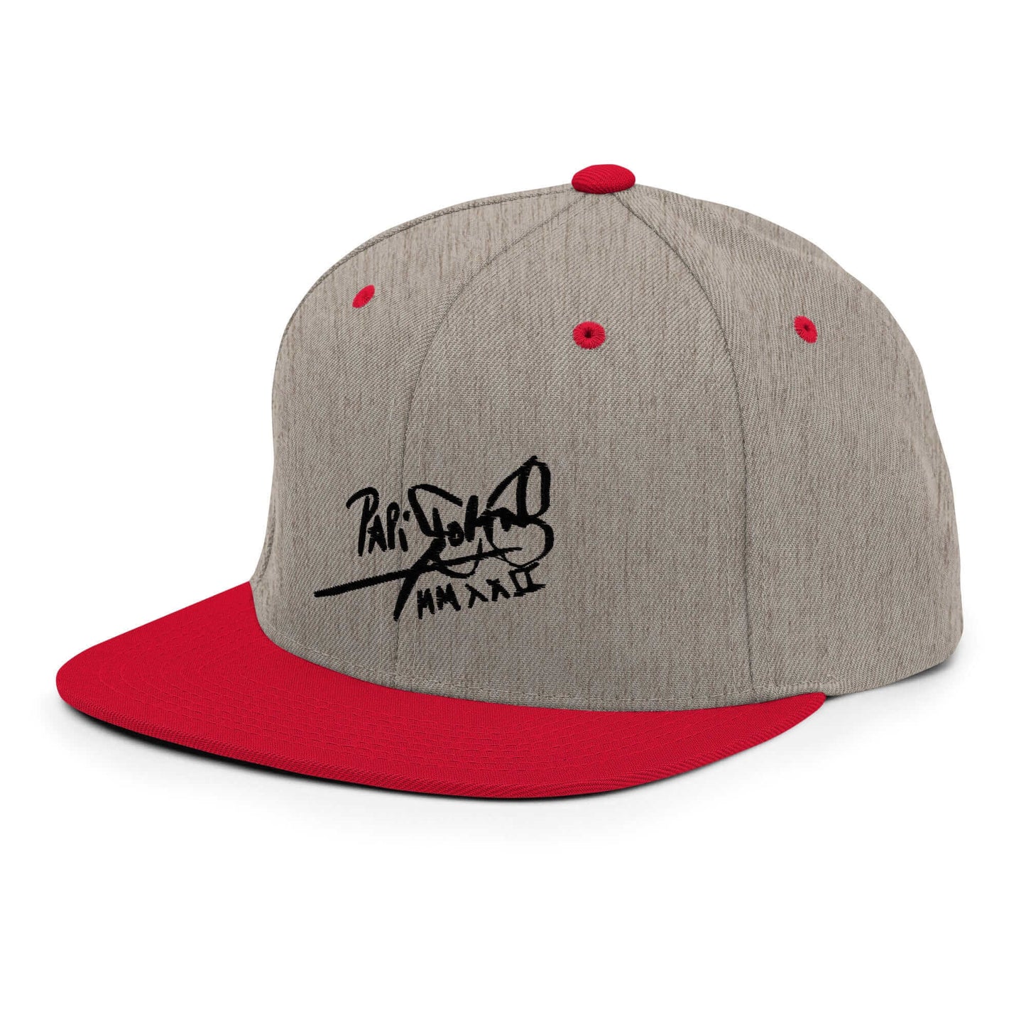 PapiJohn® The Shadow Signature Multicolor Snapback in grey and red left profile displaying the high geometric crown height and red flat visor curvature | Streetwear d'Auteur