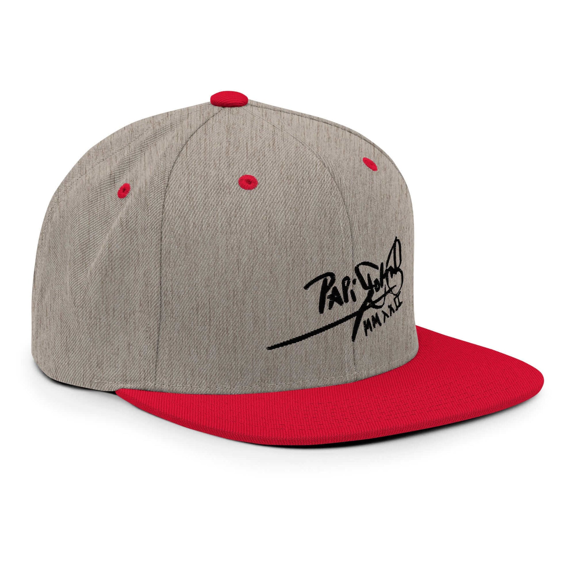 PapiJohn® The Shadow Signature Multicolor Snapback in grey and red right profile close-up capturing the classical wool weave density by $arah Free 💎 | High-Tier Archive
