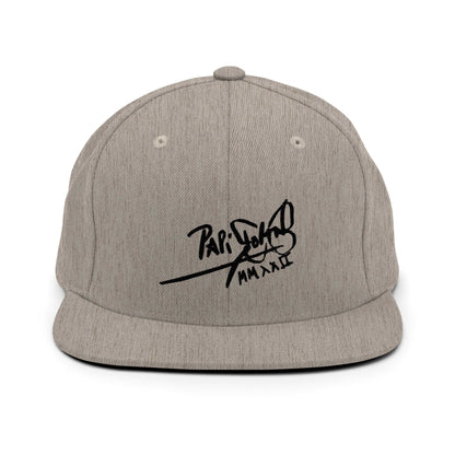PapiJohn® The Shadow Signature Multicolor Snapback in classic monochromatic heather grey front view presenting the absolute black embroidered typography | Sala 1 Wearable Art Fashion