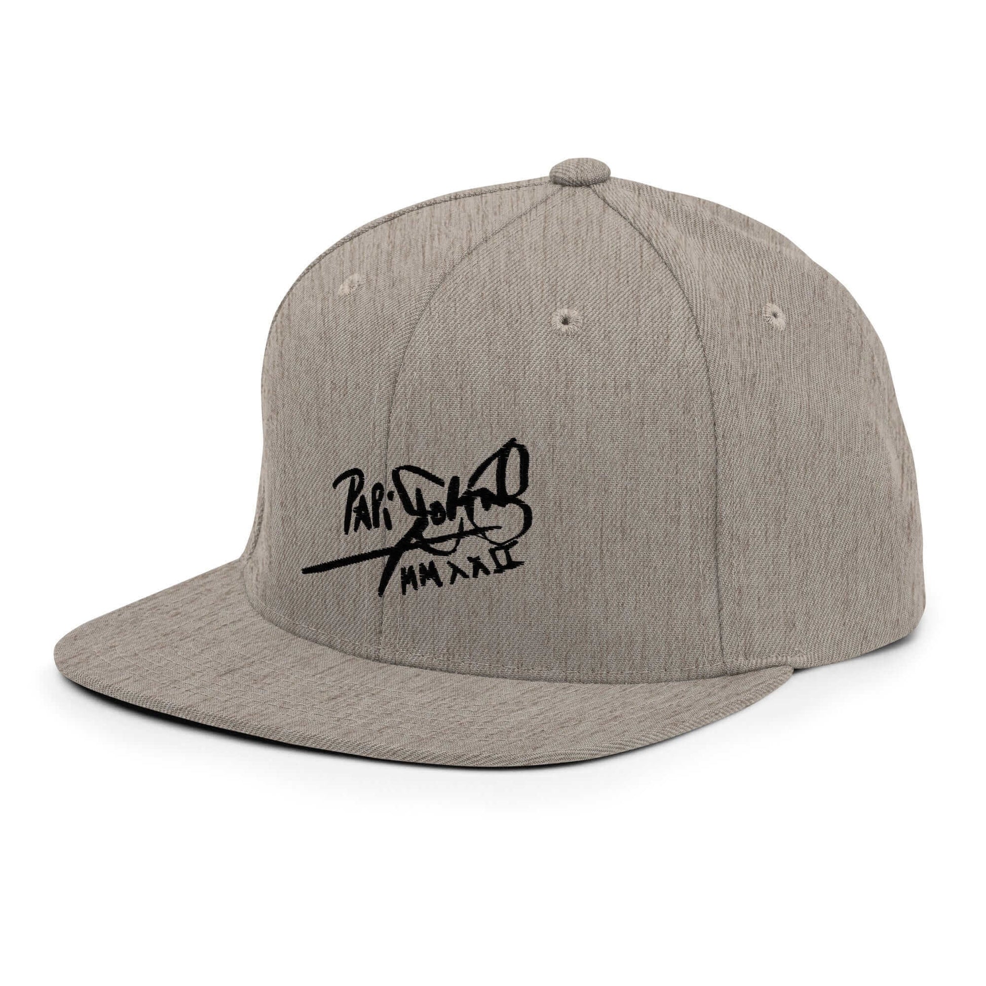 PapiJohn® The Shadow Signature Multicolor Snapback in classic monochromatic heather grey left profile framing the rigid high crown architecture | Streetwear d'Auteur