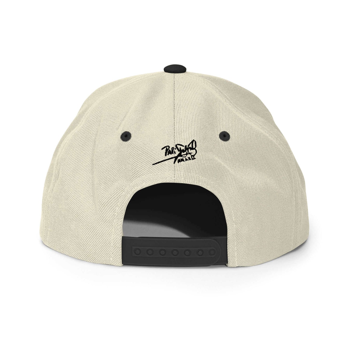 PapiJohn® The Shadow Signature Multicolor Snapback in raw natural and black back perspective tracking the tailored multi-panel alignment and snap strap finish | Artist-Led Streetwear