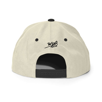 PapiJohn® The Shadow Signature Multicolor Snapback in raw natural and black back perspective tracking the tailored multi-panel alignment and snap strap finish | Artist-Led Streetwear