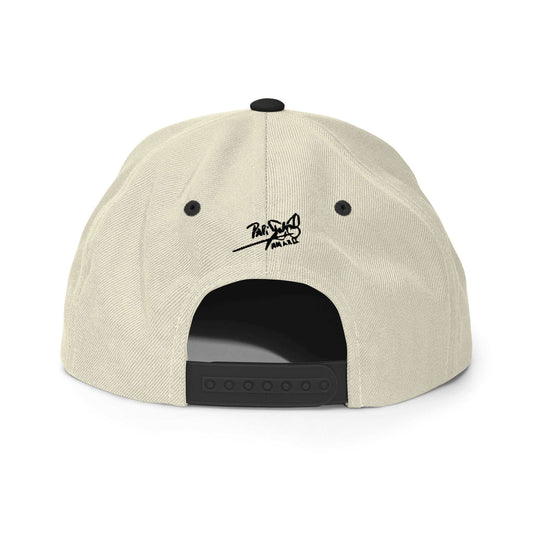 PapiJohn® The Shadow Signature Multicolor Snapback in raw natural and black back perspective tracking the tailored multi-panel alignment and snap strap finish | Artist-Led Streetwear