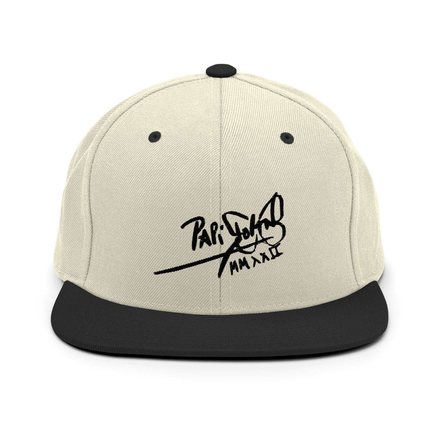 PapiJohn® The Shadow Signature Multicolor Snapback in raw natural and black front layout showcasing the visceral contrast of the absolute black signature stitch | Sala 1 Wearable Art Fashion