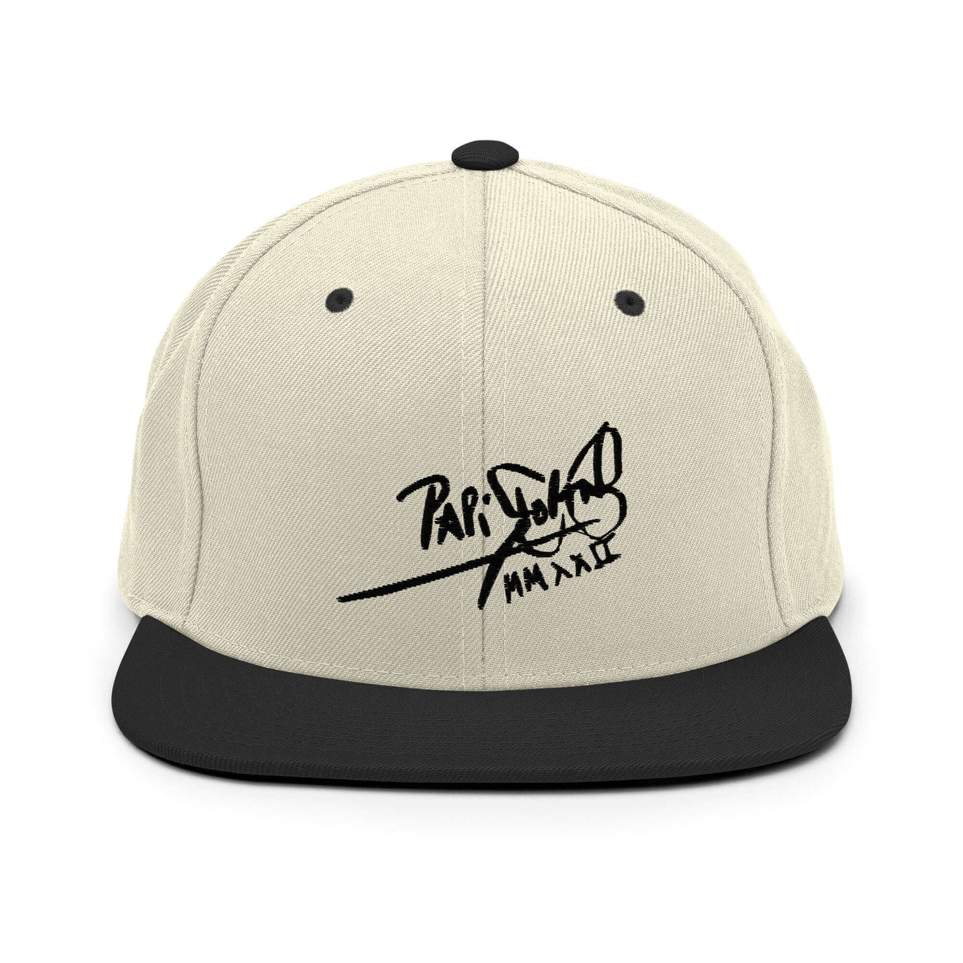PapiJohn® The Shadow Signature Multicolor Snapback in raw natural and black front layout showcasing the visceral contrast of the absolute black signature stitch | Sala 1 Wearable Art Fashion