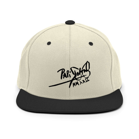 PapiJohn® The Shadow Signature Multicolor Snapback in raw natural and black front layout showcasing the visceral contrast of the absolute black signature stitch | Sala 1 Wearable Art Fashion