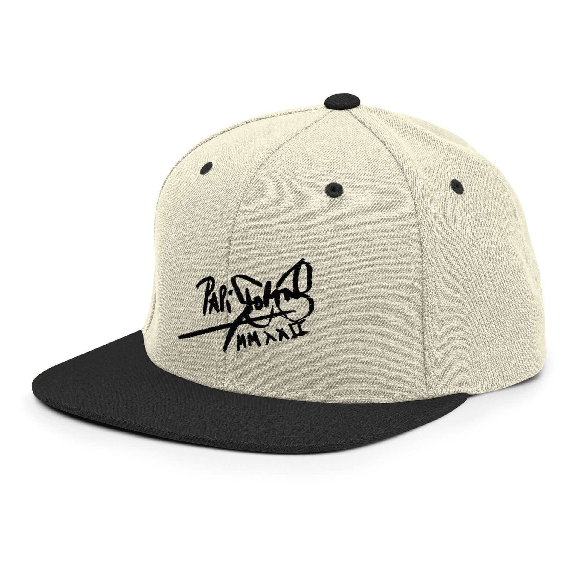 PapiJohn® The Shadow Signature Multicolor Snapback in raw natural and black left profile highlighting the clean geometric crown structure and flat bill line | Streetwear d'Auteur