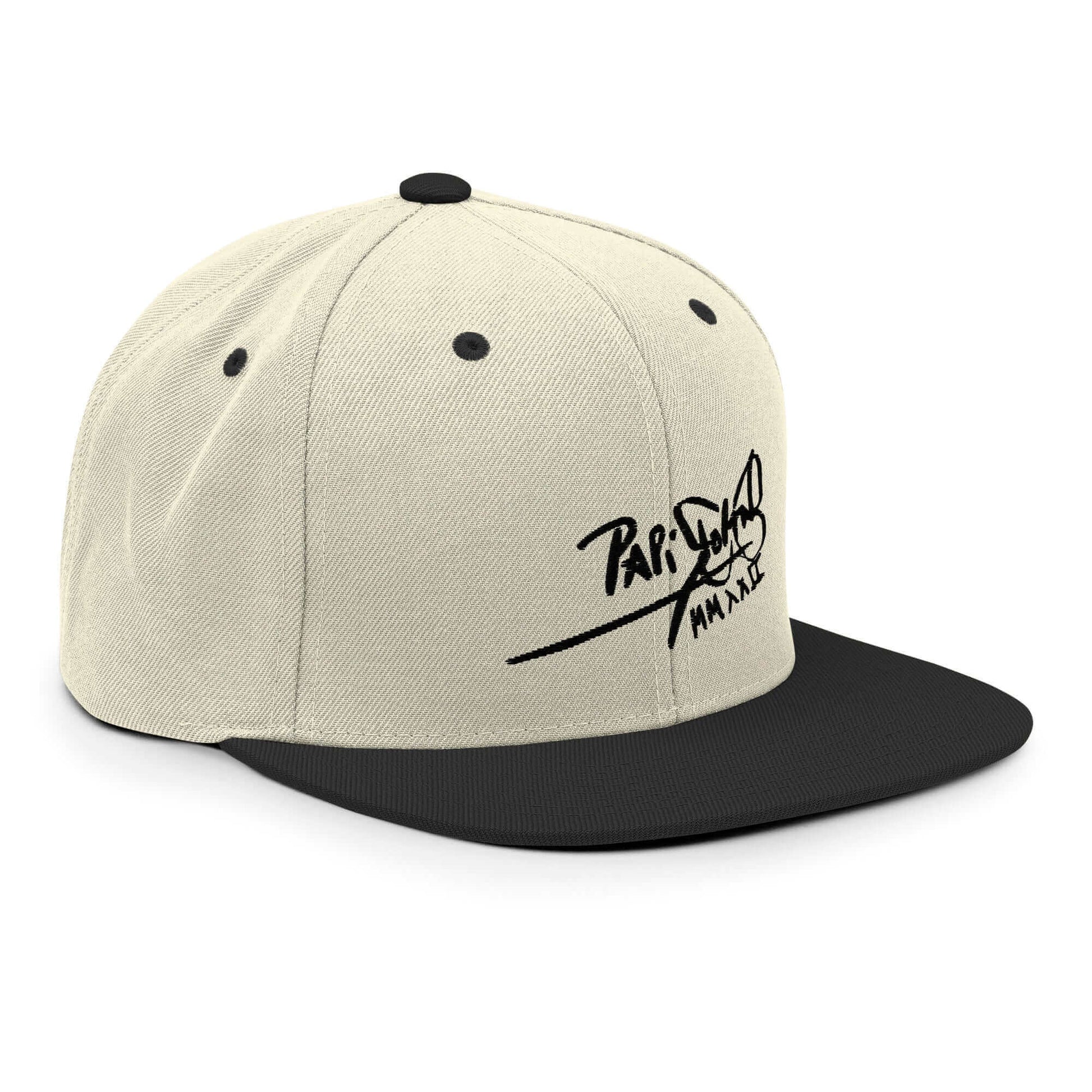 PapiJohn® The Shadow Signature Multicolor Snapback in raw natural and black right side profile displaying the structured crown walls and black visor perimeter | Artist-Led Streetwear