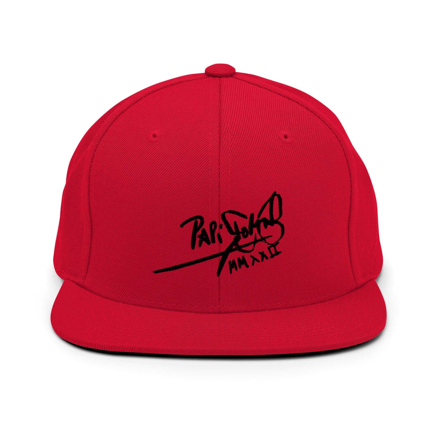 PapiJohn® The Shadow Signature Multicolor Snapback in solid crimson red front view displaying the absolute black calligraphic branding text embroidered in high-density relief | Sala 1 Wearable Art Fashion