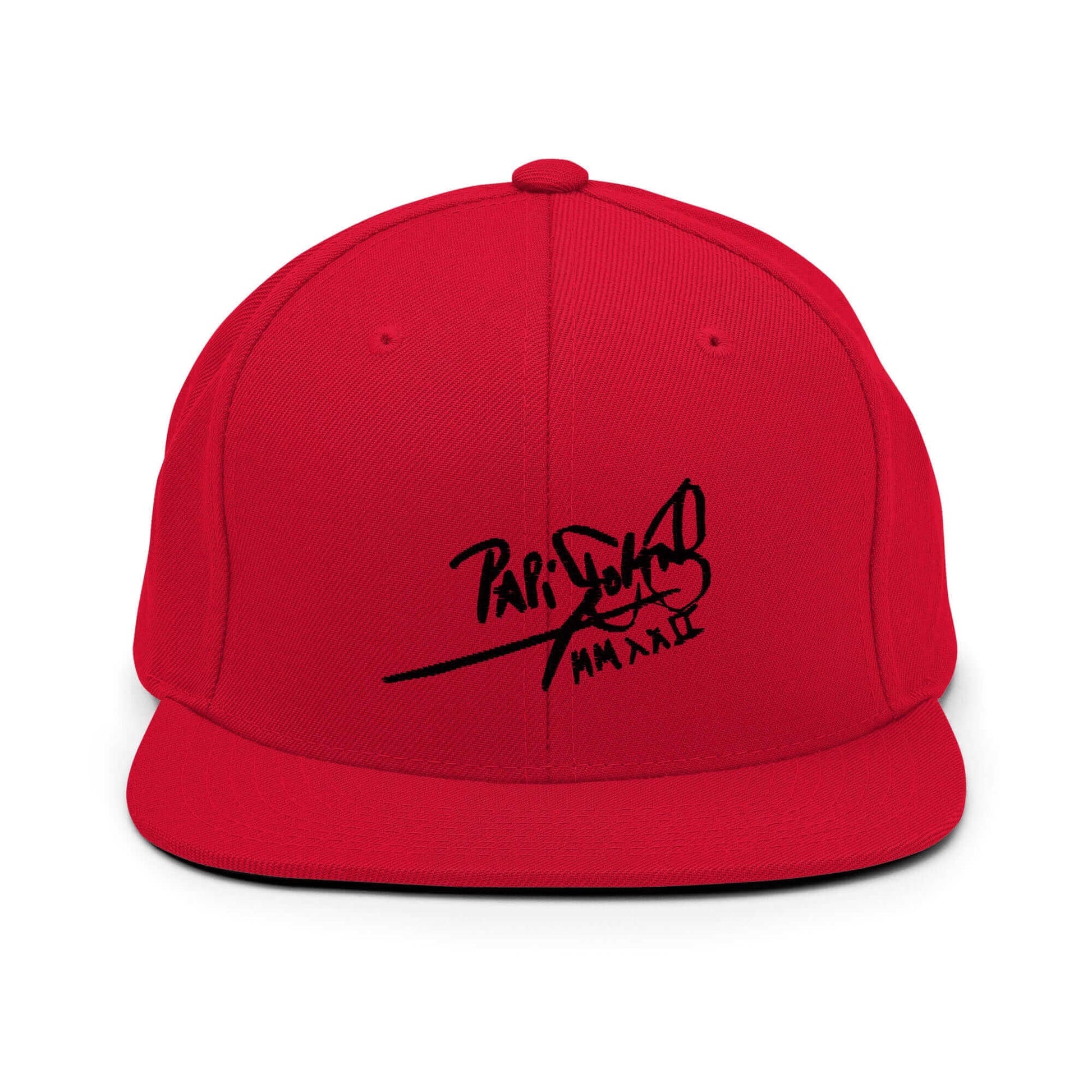 PapiJohn® The Shadow Signature Multicolor Snapback in solid crimson red front view displaying the absolute black calligraphic branding text embroidered in high-density relief | Sala 1 Wearable Art Fashion
