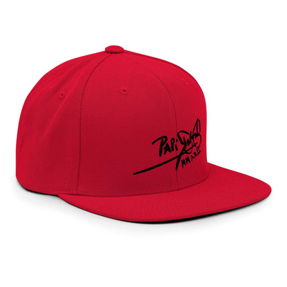 PapiJohn® The Shadow Signature Multicolor Snapback in solid crimson red left side profile tracking the rigid crown wall elevation and straight visor edge line | Streetwear d'Auteur