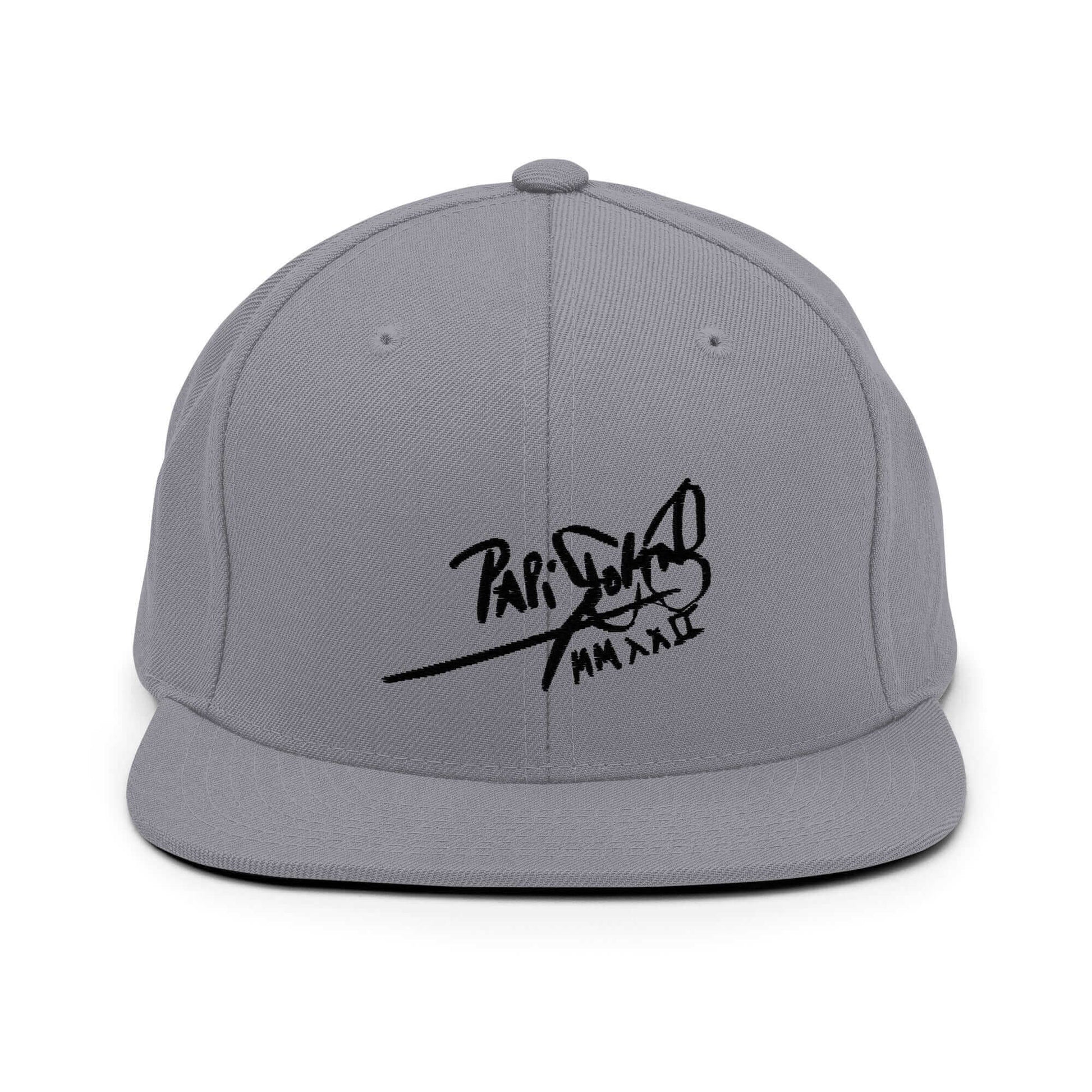 PapiJohn® The Shadow Signature Multicolor Snapback in metallic silver front view showing the aggressive definition of the absolute black embroidered typography | Sala 1 Wearable Art Fashion