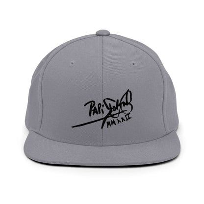 PapiJohn® The Shadow Signature Multicolor Snapback in metallic silver front view showing the aggressive definition of the absolute black embroidered typography | Sala 1 Wearable Art Fashion