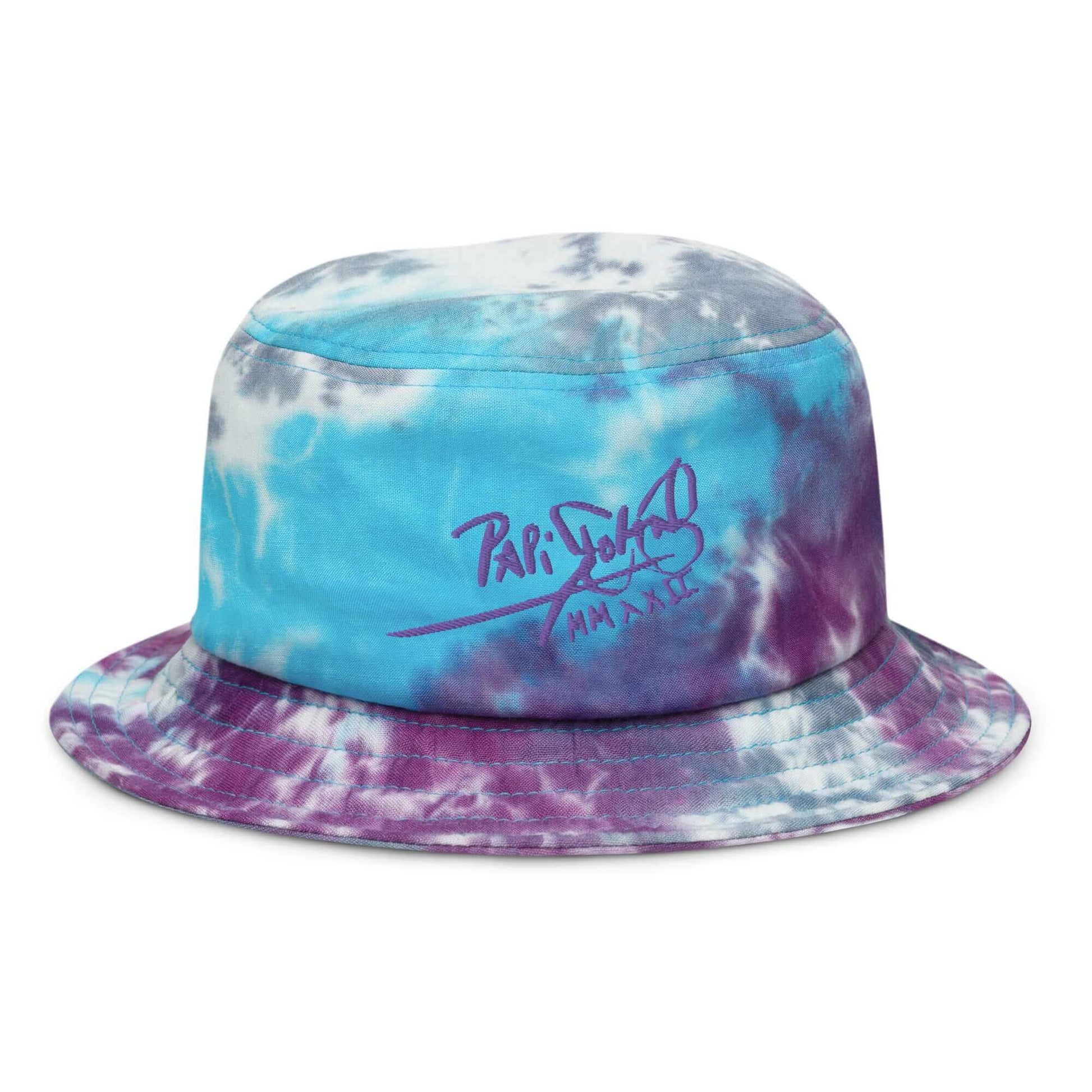 PapiJohn® The Tie-Dye Signature Limited Edition Bucket hat front layout displaying the custom abstract turquoise and mauve tie-dye pattern highlighted by the sharp mauve-purple calligraphic signature embroidery | Sala 1 Wearable Art Fashion