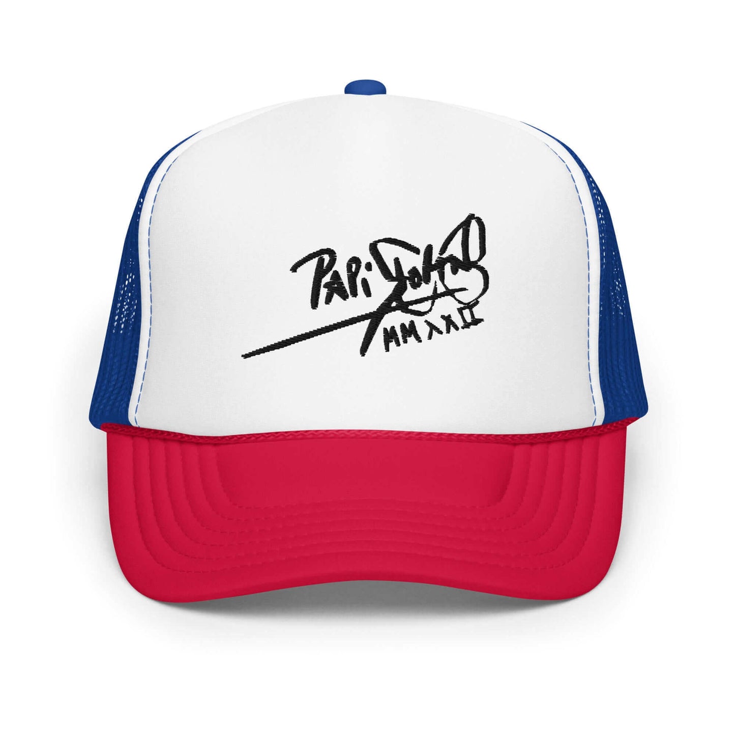 PapiJohn® The Tricolor Heritage Trucker premium tricolor headwear front view showcasing the black embroidered signature on a white foam panel with blue and red contrasting brims by $arah Free 💎 | Artist-Driven Streetwear