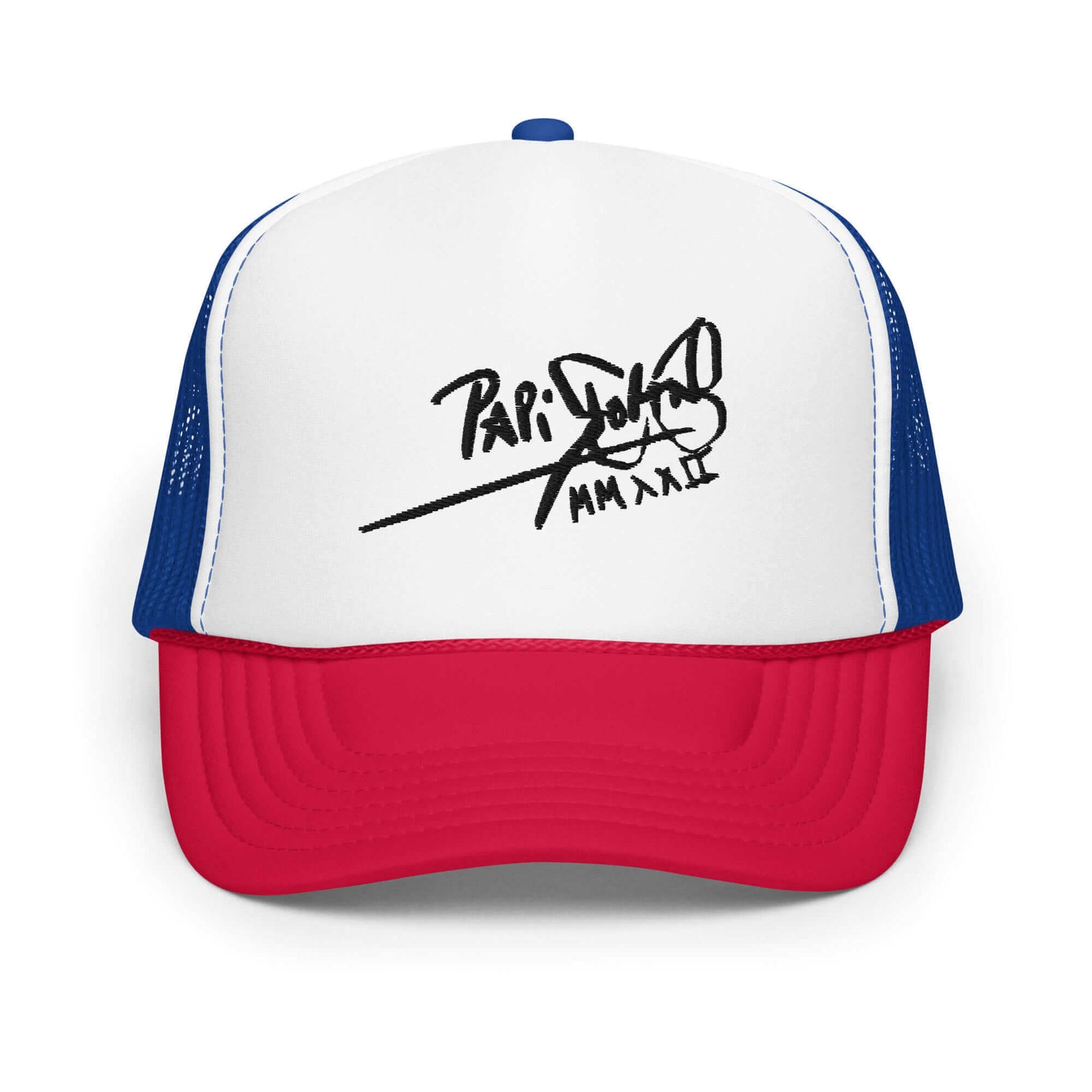 PapiJohn® The Tricolor Heritage Trucker premium tricolor headwear front view showcasing the black embroidered signature on a white foam panel with blue and red contrasting brims by $arah Free 💎 | Artist-Driven Streetwear