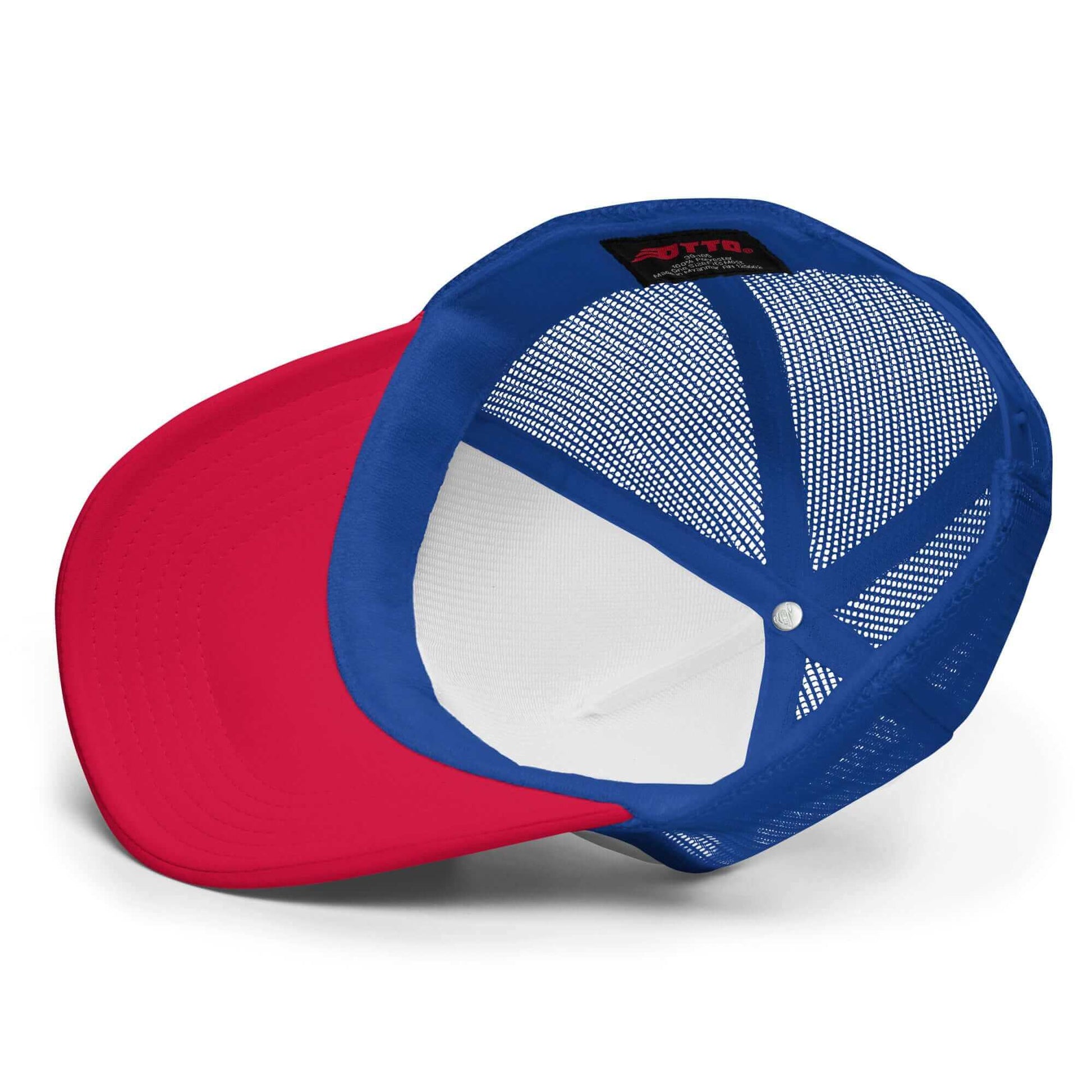 PapiJohn® The Tricolor Heritage Trucker premium tricolor headwear interior view showcasing the high-density non-toxic foam inner structure, protective sweatband, and custom seam taping by $arah Free 💎 | Artist-Led Streetwear