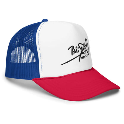 PapiJohn® The Tricolor Heritage Trucker premium tricolor headwear right side profile focusing on the vibrant red brim stitch lines and structured blue mesh panels by $arah Free 💎 | Artist-Led Streetwear