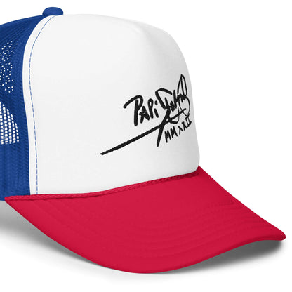 PapiJohn® The Tricolor Heritage Trucker premium tricolor headwear right lateral close-up macro view detailing the heavy-grammage blue mesh texture and the precise red visor stitching lines by $arah Free 💎 | Streetwear d'Auteur