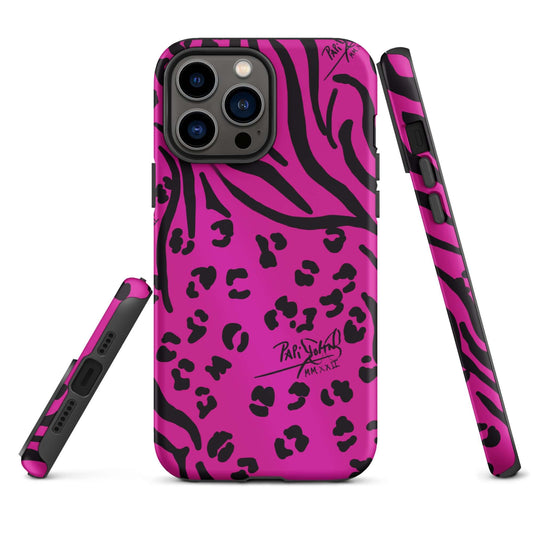 funda dura iPhone firma papijohn grafiti animal print fucsia y negro 