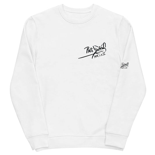 sudadera firma PapiJohn streetwear blanca firma manga y pecho izquierdos